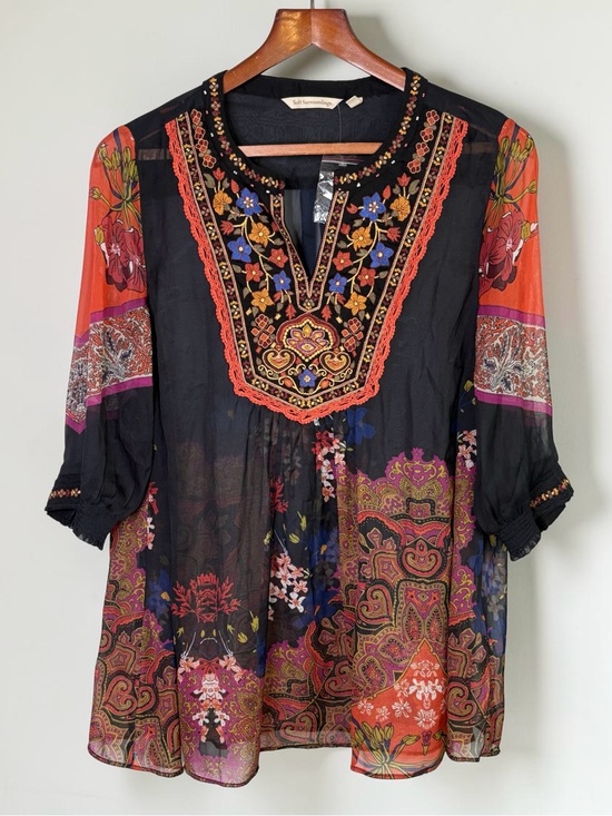Soft Surroundings Tops - NEW Soft Surroundings Batik Horizon Tunic Blouse M 3/4 Sleeve Semi-Sheer